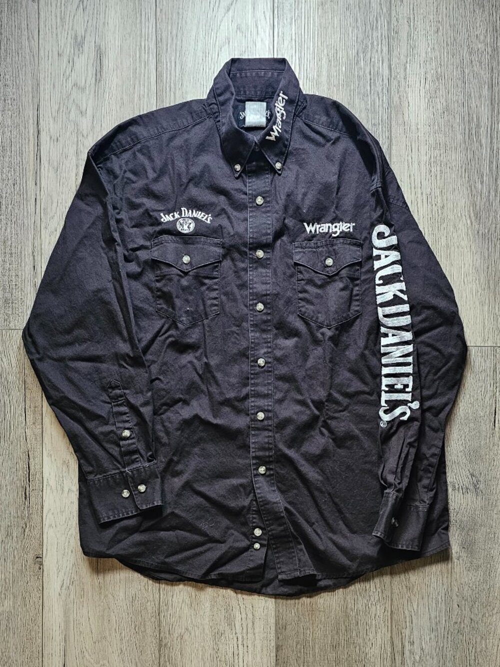 Vintage Wrangler Jack Daniels Embroidered Western Shirt Black Men´s Large 23x31
